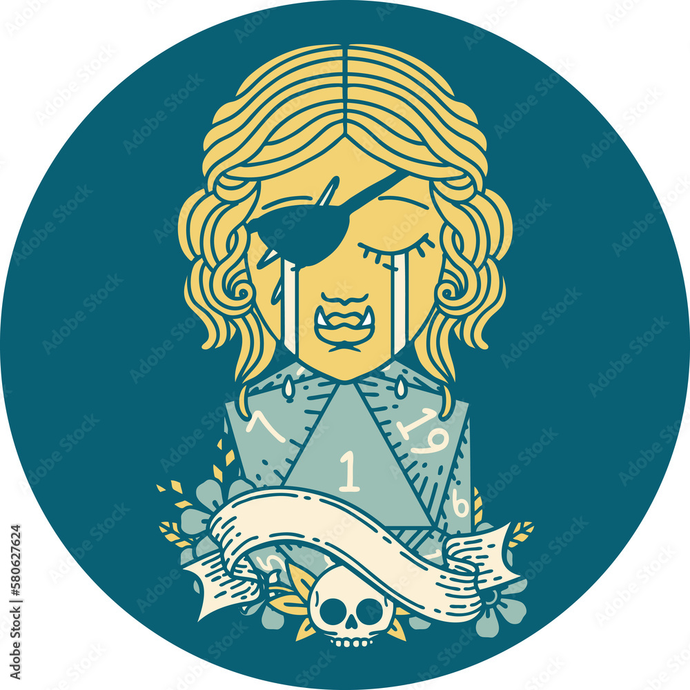 crying orc rogue character face with natural one D20 roll illustration crying orc rogue character face with natural one D20 roll illustration