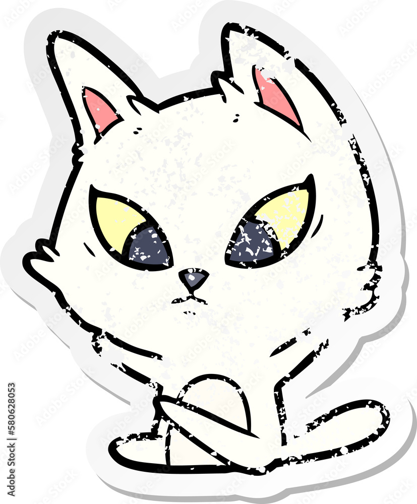 distressed sticker of a confused cartoon cat sitting distressed sticker of a confused cartoon cat sitting