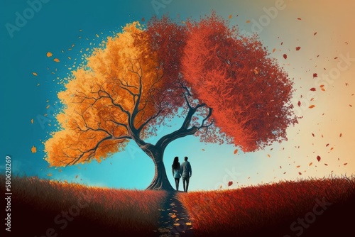Near beautiful autumn tree. Couple is having a walk outdoors. Beautiful creative art. Generative AI
