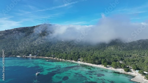 Aerial view of Formentor Peninsula with Formentor Beach, Hotel Royal Hideaway Formentor, Hotel Formentor, Cala Pi de la Posada, Illa del Geret Port de Pollenca, Mallorca, Spain  photo