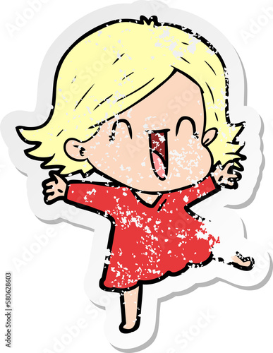 distressed sticker of a cartoon laughing woman