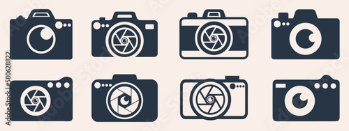 Photo camera icons set. Video icons of photography, video camera and photo camera, diaphragm icon. Vector illustration