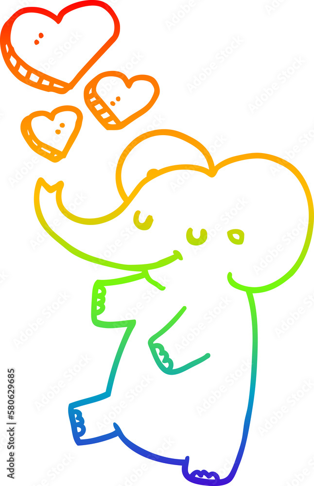 rainbow gradient line drawing cartoon elephant with love hearts