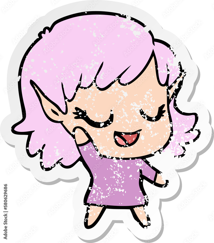 distressed sticker of a happy cartoon elf girl distressed sticker of a happy cartoon elf girl