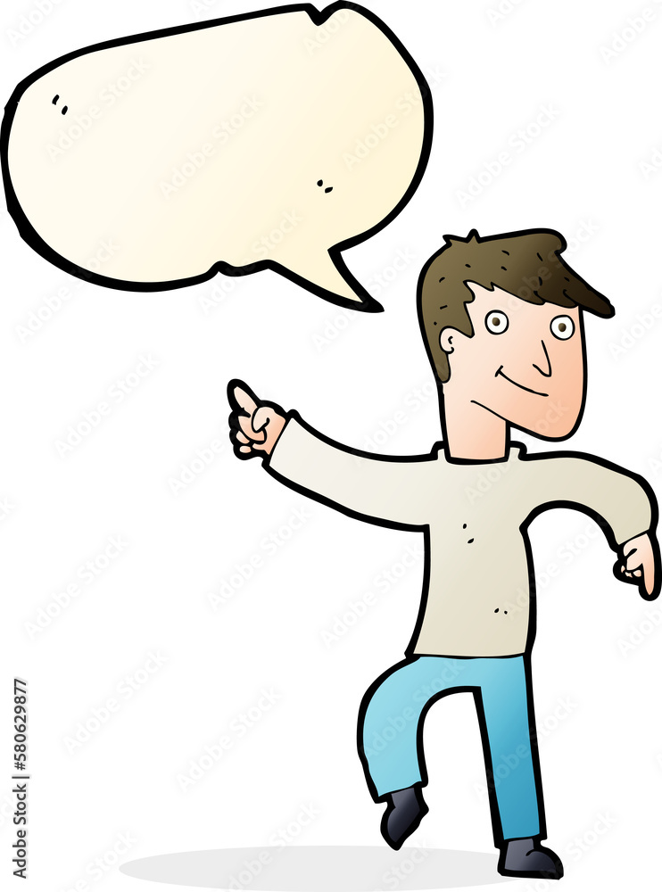 cartoon happy man pointing with speech bubble