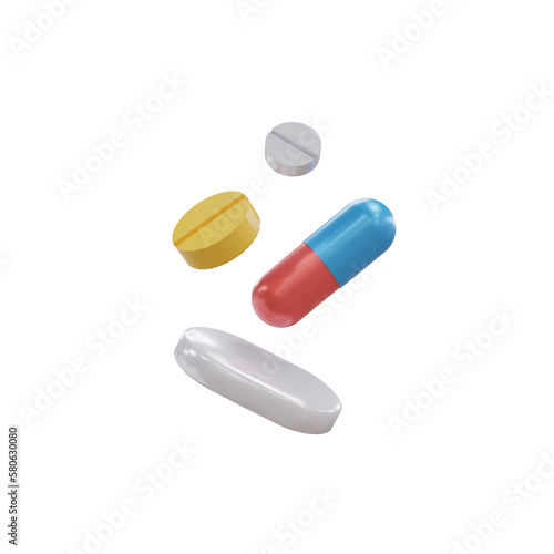 White, yellow, red and blue capsules isolated on transparent background. 3d render. PNG. Tablets, medicine concept. 3D rendering, ui, ux. Pills. Health