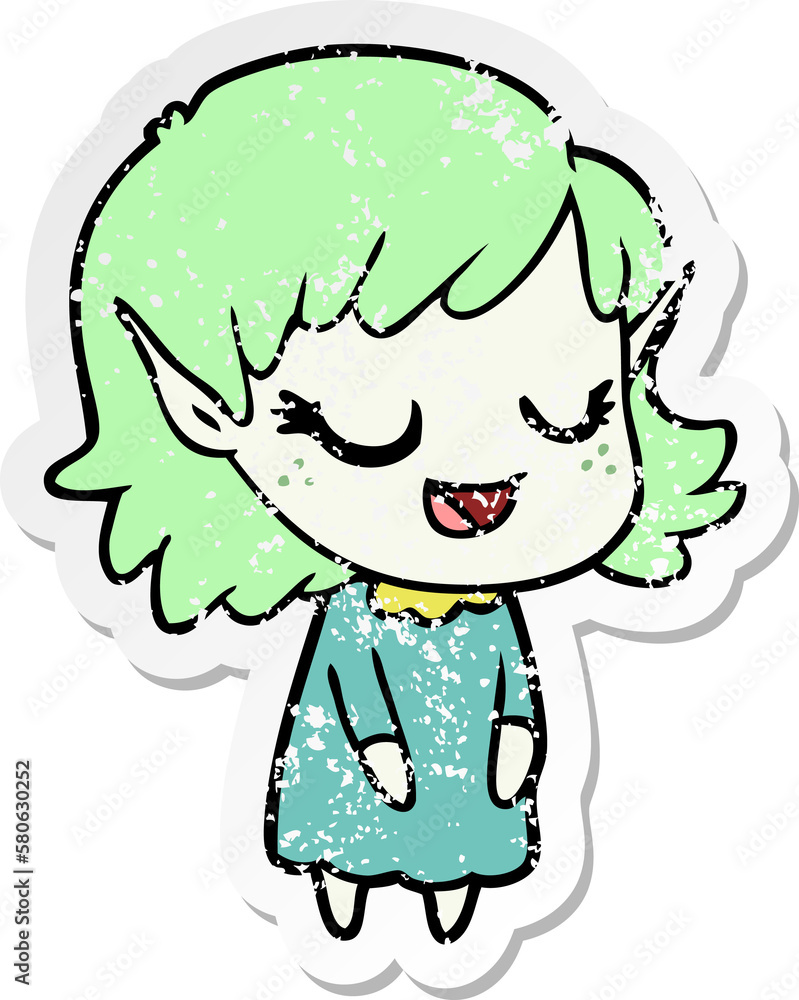 distressed sticker of a happy cartoon elf girl distressed sticker of a happy cartoon elf girl