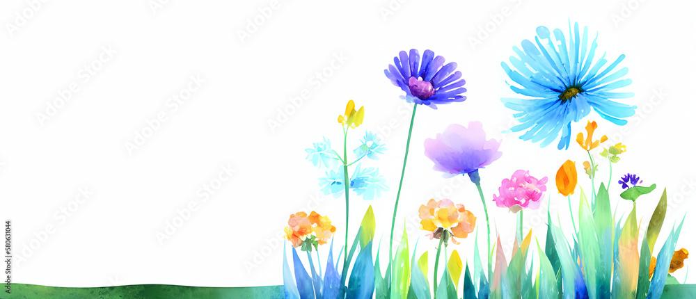 Obraz premium Colorful flowers & blossoms on a white background painted with watercolors, generative ai, banner, mother's day, easter, valentines day, wedding, love, roses, alstroemeria, freesia, party