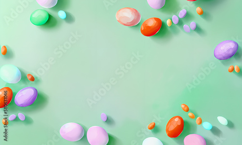 watercolor painting of easter banner background. top view photo of white pink blue and yellow easter eggs  generative ai  banner