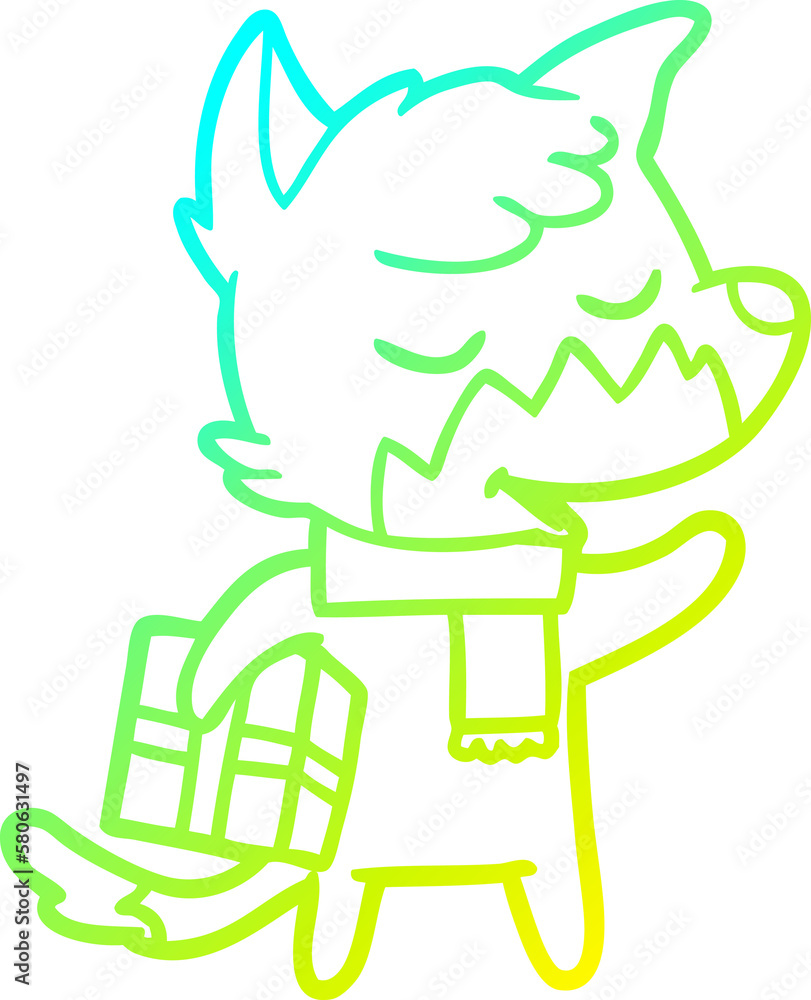 cold gradient line drawing friendly cartoon fox with christmas present cold gradient line drawing friendly cartoon fox with christmas present