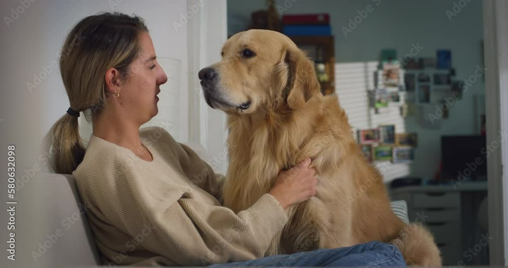 Portrait of Beautiful Young Woman Cuddles Her Adorable Golden Retriever at Home. Girl Plays with Her Dog, Best Friend. She Pets and Scratches Super Happy Doggy, Have Fun in the Living Room Portrait of Beautiful Young Woman Cuddles Her Adorable Golden Retriever at Home. Girl Plays with Her Dog, Best Friend. She Pets and Scratches Super Happy Doggy, Have Fun in the Living Room