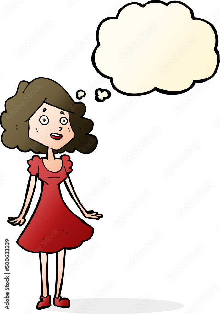 cartoon happy woman in dress with thought bubble cartoon happy woman in dress with thought bubble