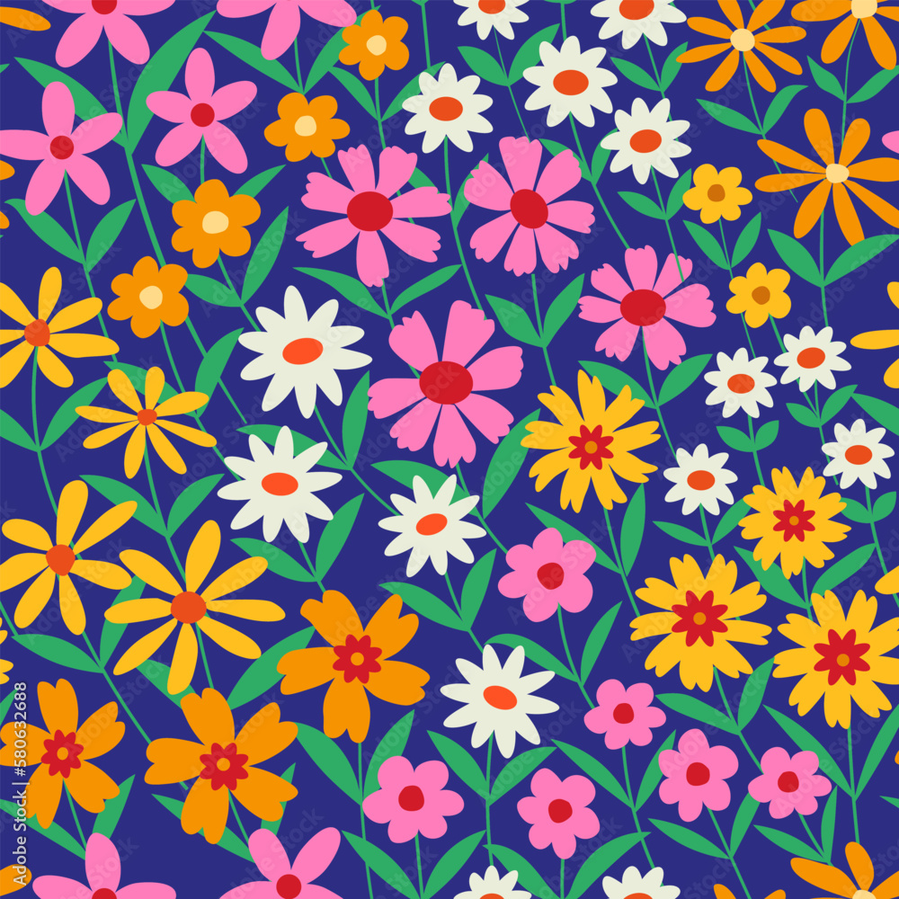 Cute Retro 70s boho Flowers seamless pattern in pink, yellow, orange and white with green leaves on navy blue background. For textile, wallpaper and fabric Cute Retro 70s boho Flowers seamless pattern in pink, yellow, orange and white with green leaves on navy blue background. For textile, wallpaper and fabric