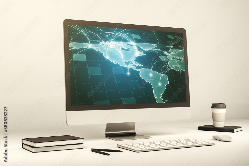 Abstract digital world map with connections on modern computer monitor, big data and blockchain concept. 3D Rendering Abstract digital world map with connections on modern computer monitor, big data and blockchain concept. 3D Rendering