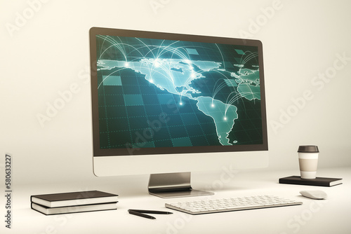 Abstract digital world map with connections on modern computer monitor, big data and blockchain concept. 3D Rendering