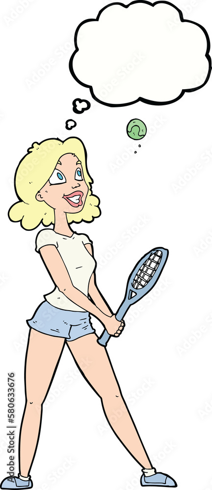 cartoon woman playing tennis with thought bubble cartoon woman playing tennis with thought bubble