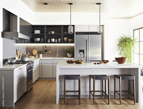 Illustration of a modern bright kitchen with white and black elements  created with Generative AI technology