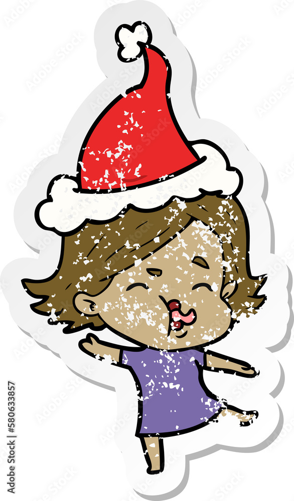 distressed sticker cartoon of a girl pulling face wearing santa hat distressed sticker cartoon of a girl pulling face wearing santa hat