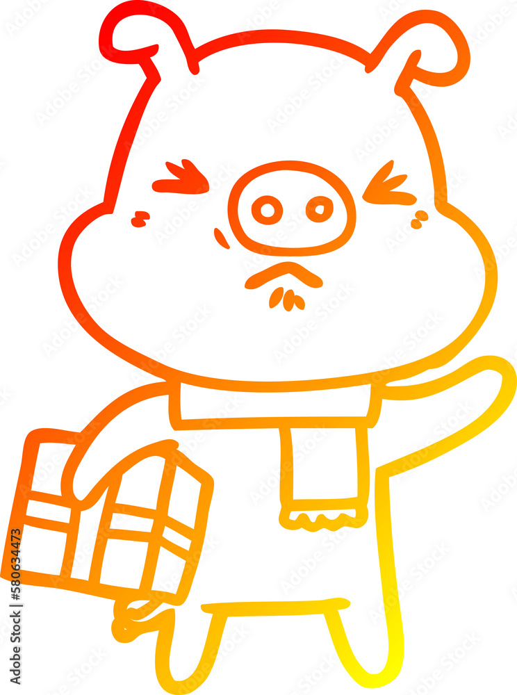 warm gradient line drawing cartoon angry pig with christmas present warm gradient line drawing cartoon angry pig with christmas present