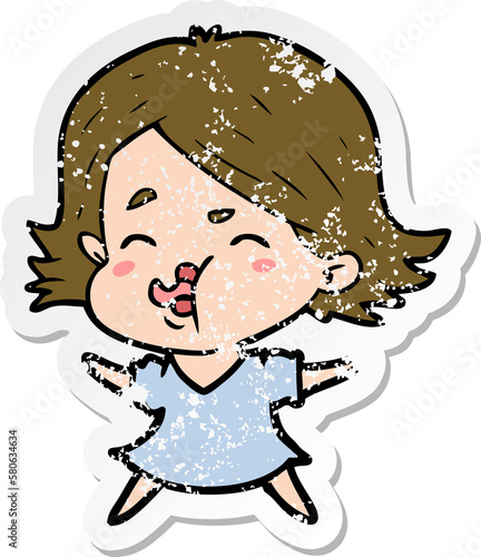 distressed sticker of a cartoon girl pulling face