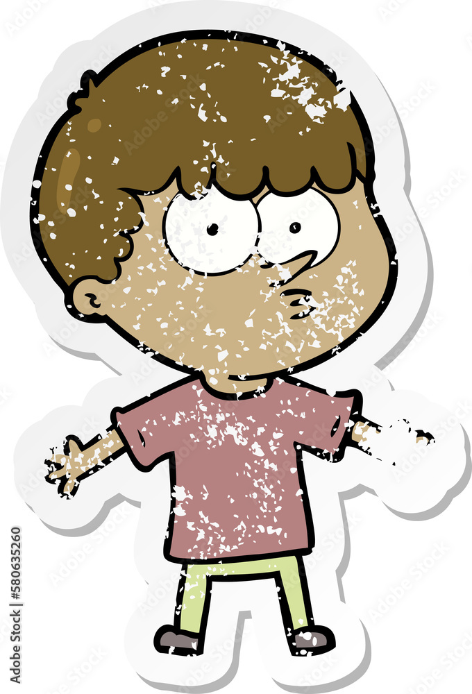 distressed sticker of a cartoon curious boy distressed sticker of a cartoon curious boy
