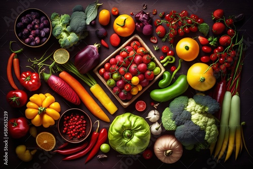A lot of vegetables and fruits on a rustic wooden table and natural light. Concept: Healthy vegan diet with fresh vegetables and fruits. Generative ai
