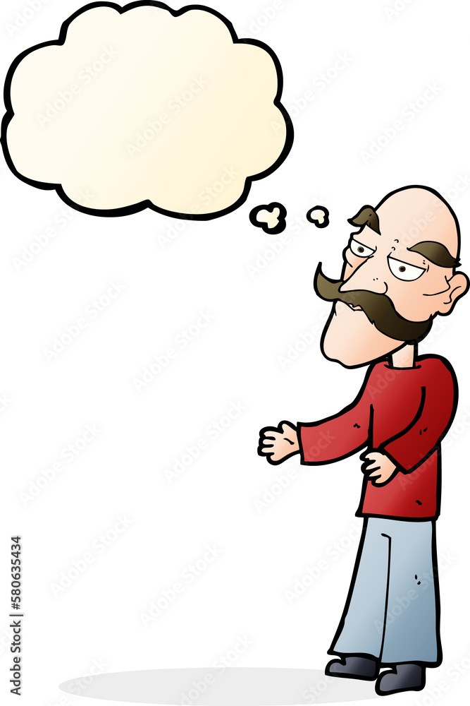 cartoon old man with mustache with thought bubble