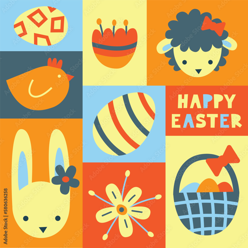 Easter symbols set poster. Springtime holiday objects colorful collection in retro style. Bunny, eggs, lamb, chicken, hunt basket, flowers vector abstract graphic modern flat illustration. Easter symbols set poster. Springtime holiday objects colorful collection in retro style. Bunny, eggs, lamb, chicken, hunt basket, flowers vector abstract graphic modern flat illustration.
