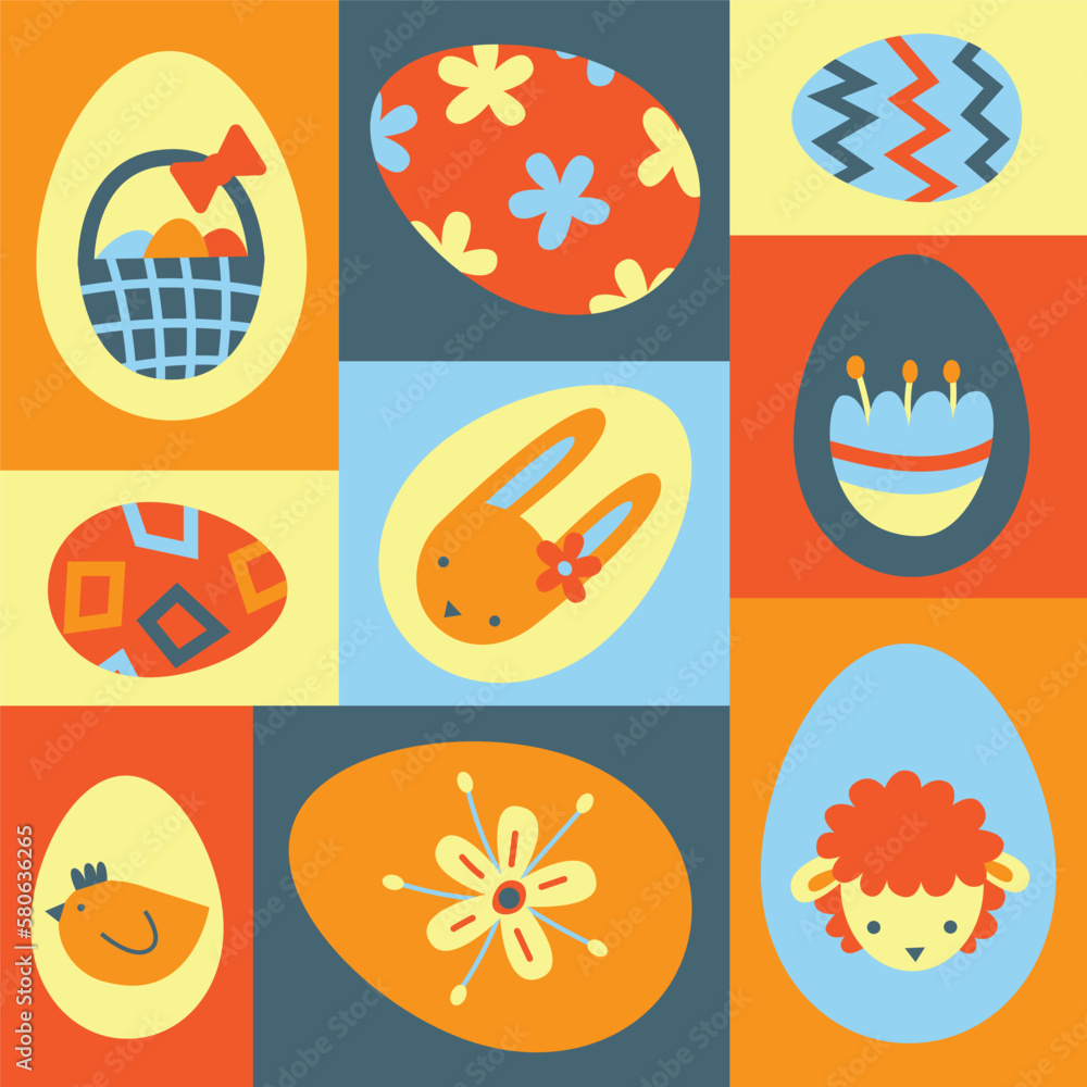 Easter eggs set with decoration and ornament poster. Springtime holiday symbols collection in retro style. Bunny, eggs, lamb, chicken, hunt basket, flowers vector abstract graphic modern flat.