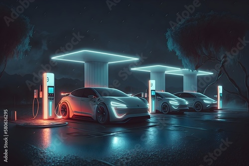 A futuristic electric car standing and connected to a charging station, Generative AI