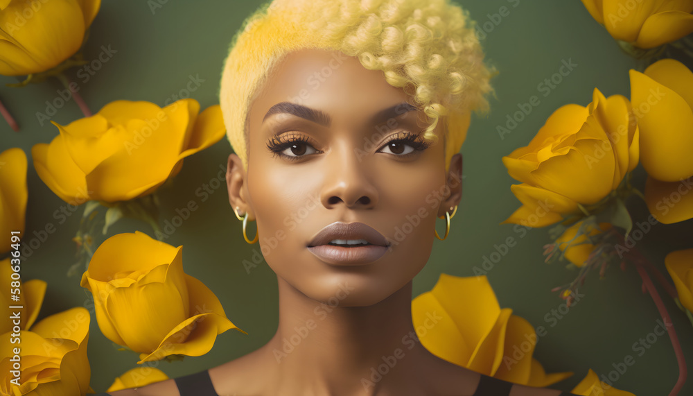 portrait of black woman surrounded by yellow flowers