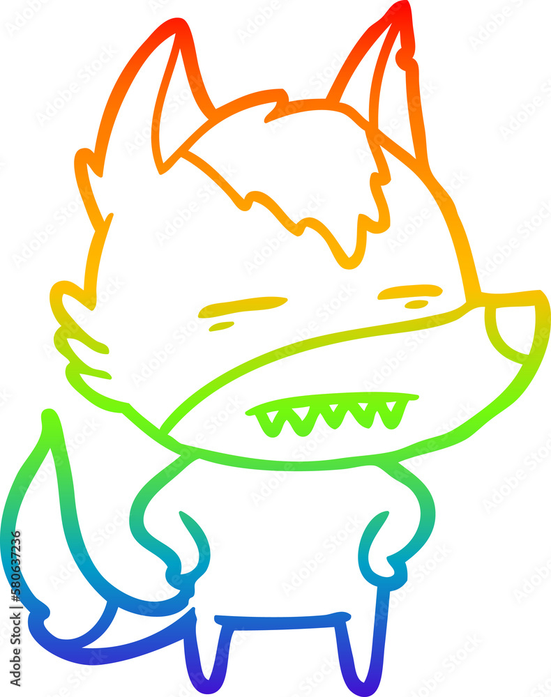 Obraz premium rainbow gradient line drawing cartoon wolf showing teeth
