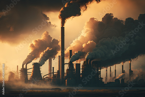 Industry with smoke rising out of smoke stacks. Generative AI. © SeanPavonePhoto