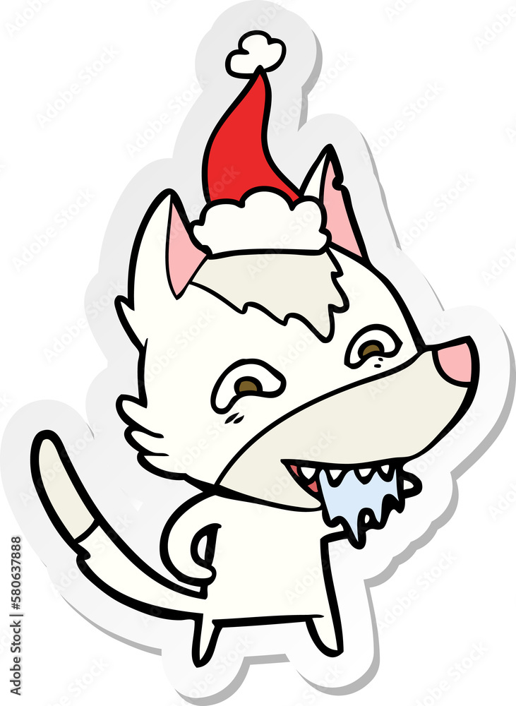 sticker cartoon of a hungry wolf wearing santa hat sticker cartoon of a hungry wolf wearing santa hat