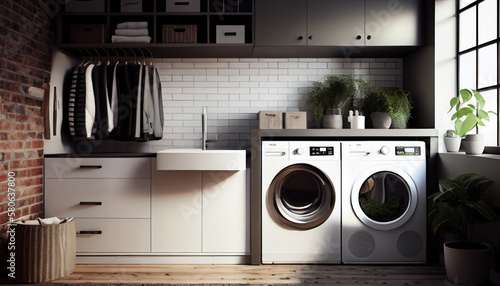 Laundry room interior with washing machine near wall. Generative AI