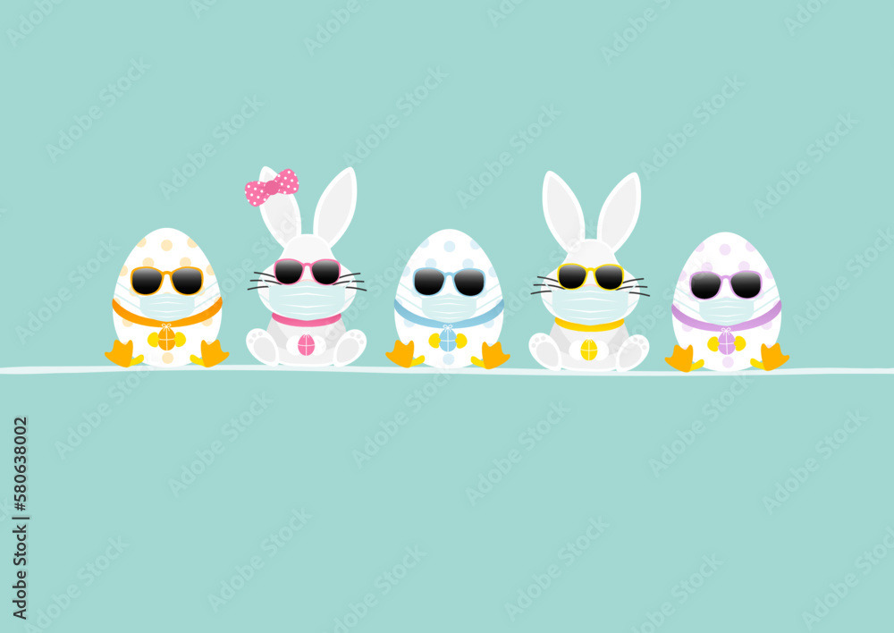Obraz premium Sitzende Weiße Osterhasen Junge & Mädchen Mit 3 Ostereiern Maske Sonnenbrille Karte Türkis