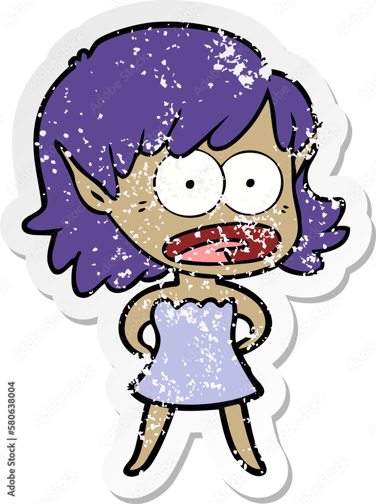 distressed sticker of a cartoon shocked elf girl distressed sticker of a cartoon shocked elf girl