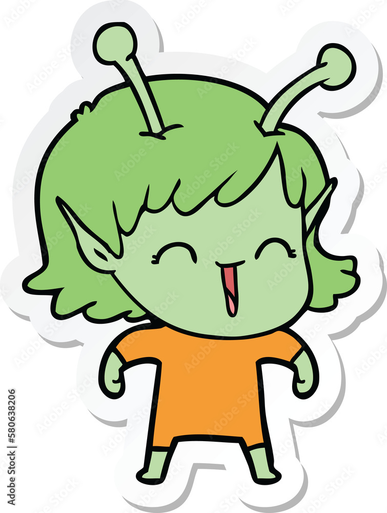 sticker of a cartoon alien girl laughing sticker of a cartoon alien girl laughing