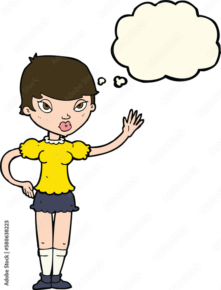cartoon woman waving with thought bubble cartoon woman waving with thought bubble
