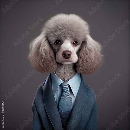 Portrait of a Poodle dressed in a business suit in a studio photo. Generative AI.  © Victor