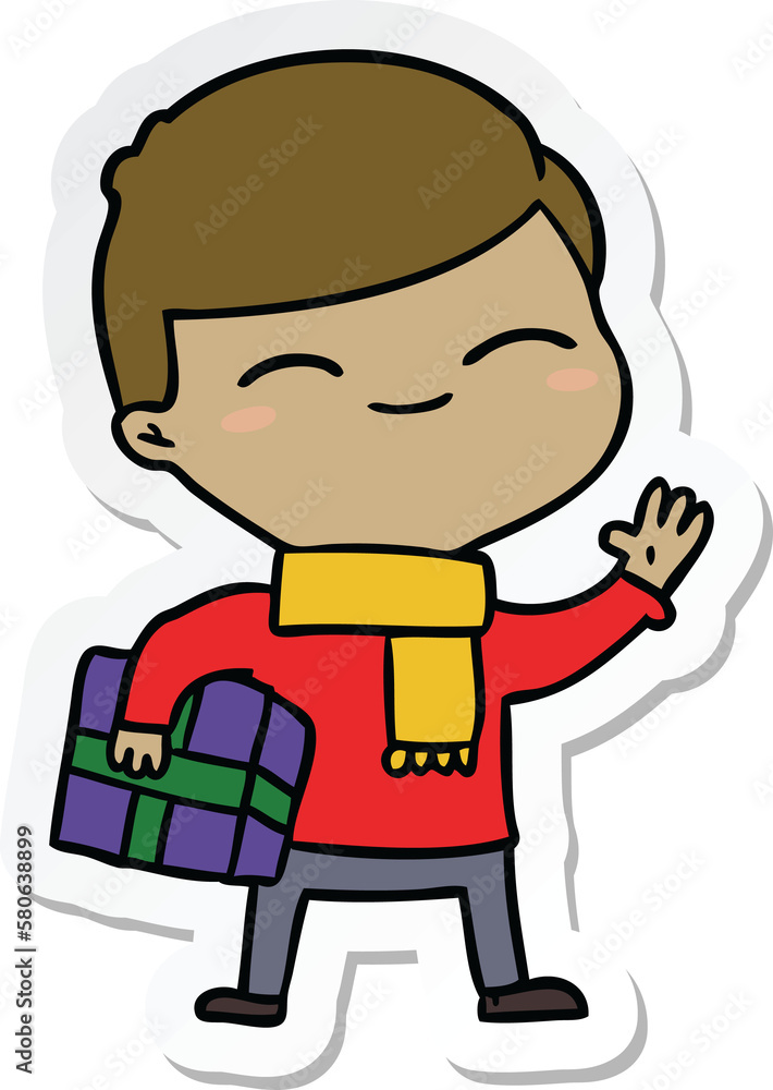 sticker of a cartoon smiling boy with gift sticker of a cartoon smiling boy with gift