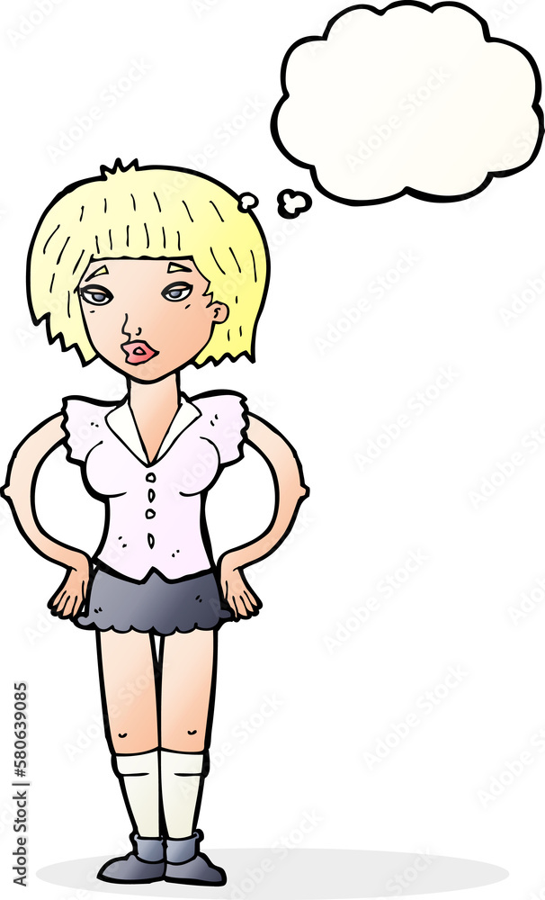 cartoon woman with hands on hips with thought bubble cartoon woman with hands on hips with thought bubble