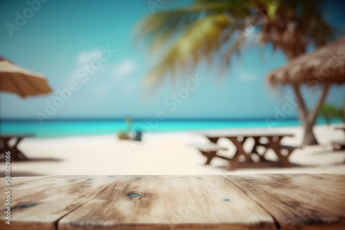 Seaside Showcase  Display Your Products on a Wooden Table with a Beautiful Beach Backdrop  Complete with Display Stand and Nature Concept. Generative AI