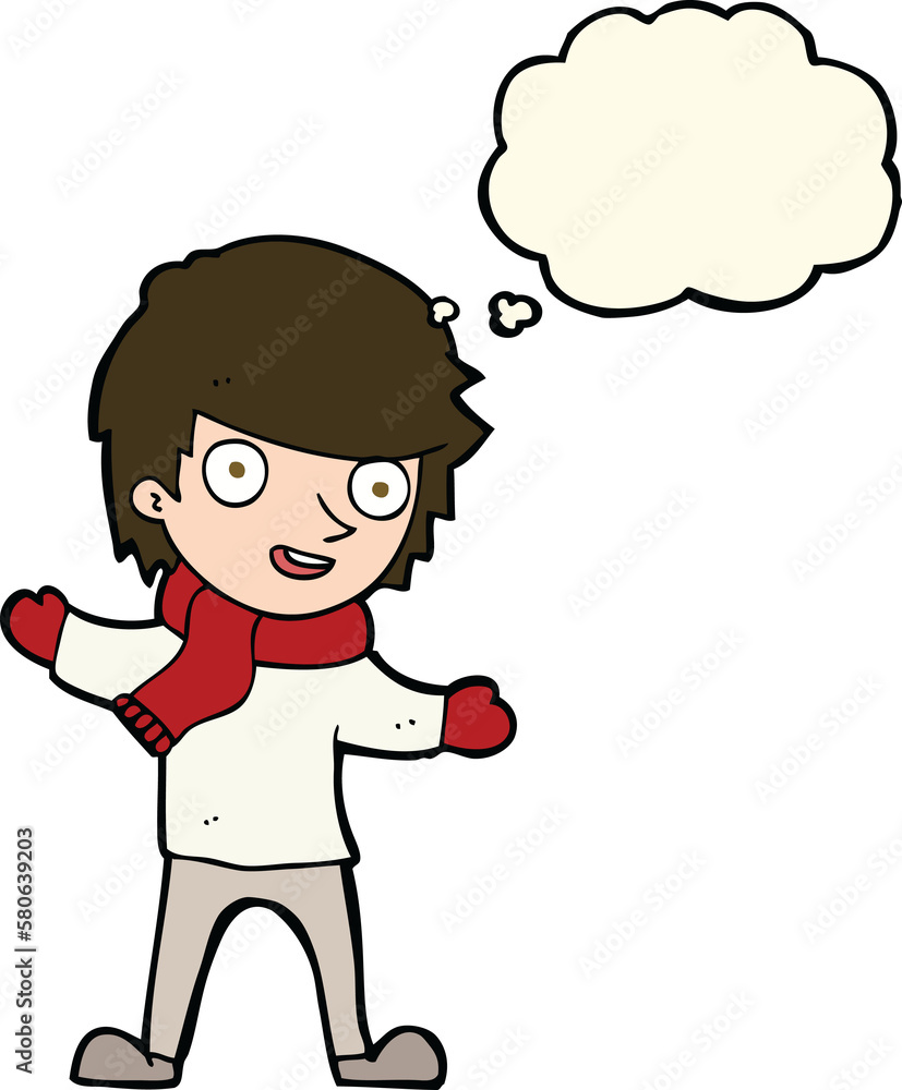 cartoon boy in winter clothes with thought bubble cartoon boy in winter clothes with thought bubble