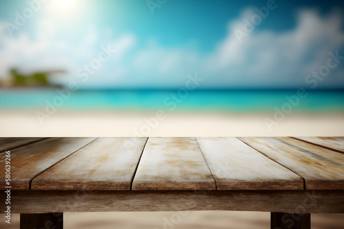 Seaside Showcase: Display Your Products on a Wooden Table with a Beautiful Beach Backdrop, Complete with Display Stand and Nature Concept. Generative AI