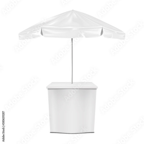 White promotional table counter with umbrella vector mockup. Blank parasol advertising stand realistic mock-up. Market stall. Template for design