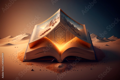 Open book. Book of fairy tales. Oriental fairy tales, stories, parables and legends of the East and desert. Sacred texts, Koran. Wisdom, knowledge. Reading and imagination. Generative ai illustration photo