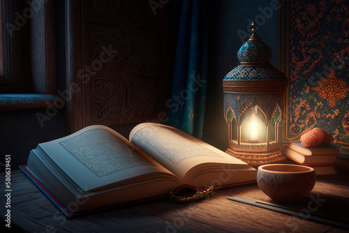 Open book Koran and Ramadan lantern. Reading Quran, prayer. Abstract Open book in islamic style, lantern on a dark background. Generative ai illustration. Eid Mubarak Ramadan Kareem wallpaper photo