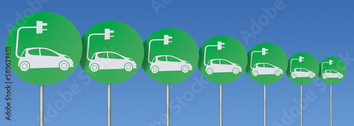 A line of green electric car plug-in signs against a bright blue sky