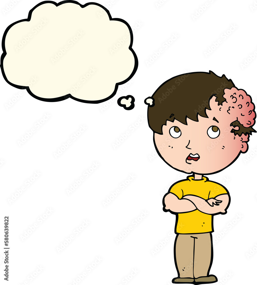 cartoon boy with growth on head with thought bubble cartoon boy with growth on head with thought bubble
